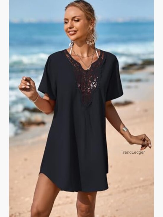 Lace Crochet V-Neck Cover Up Dress, Rayon, Loose Fit, Beach Swimsuit Cover - Picture 4 of 7